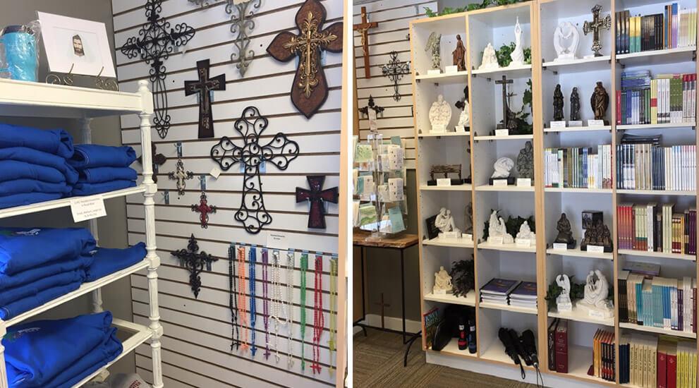 Collage of the sweatshirts, crosses, crucifix, and other items available in the Retreat Center gift shop