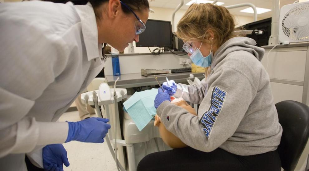 Dental students collaborating with their instructor in the lab.