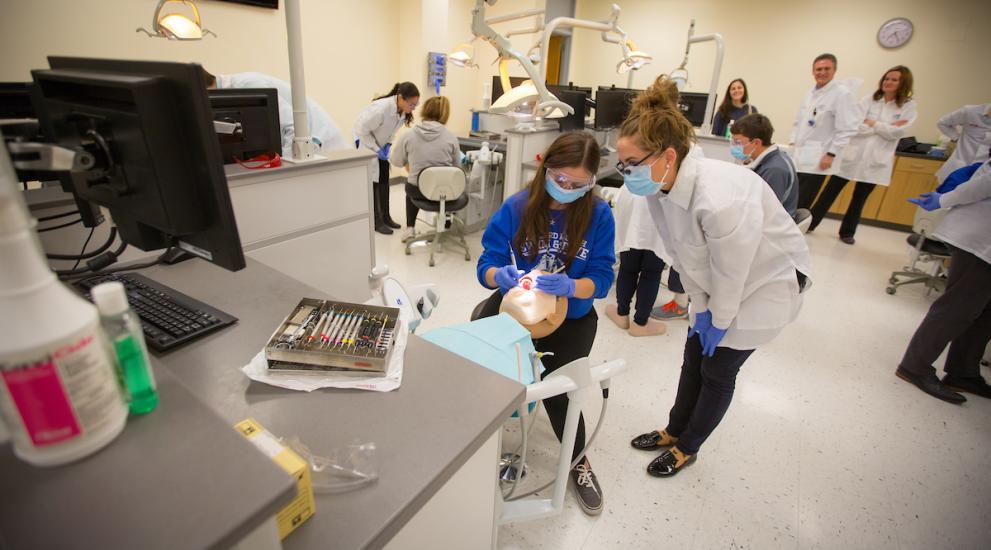 Students working in dental simulation lab alongside instructors watching them work.