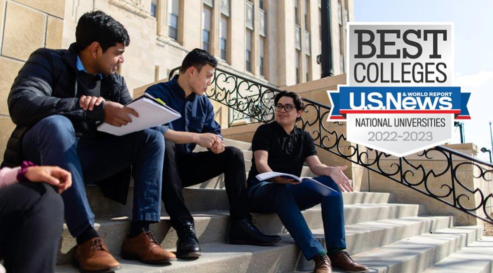 Creighton students studying on building steps with overlay of U.S. News Best Colleges 2023 badge