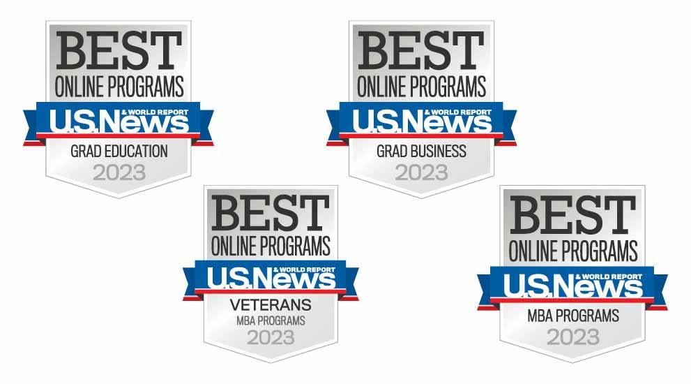 2023 US News badges for Grad Education, MBA Programs, Veteran MBA Programs and Grad Business