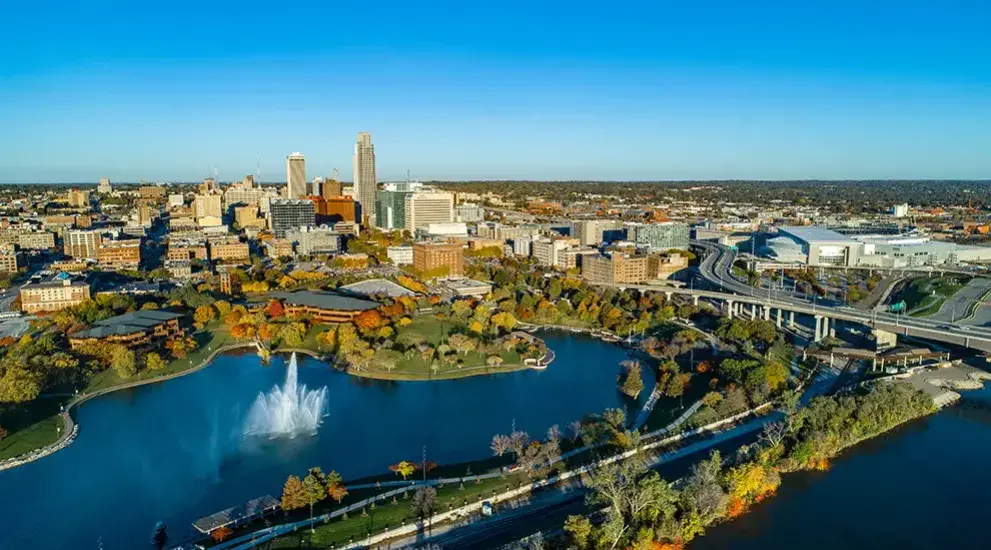 Wide shot of Omaha city landscape on sunny day.