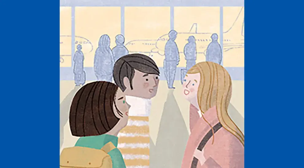 copyright image illustrating people in an airport engaged in conversation