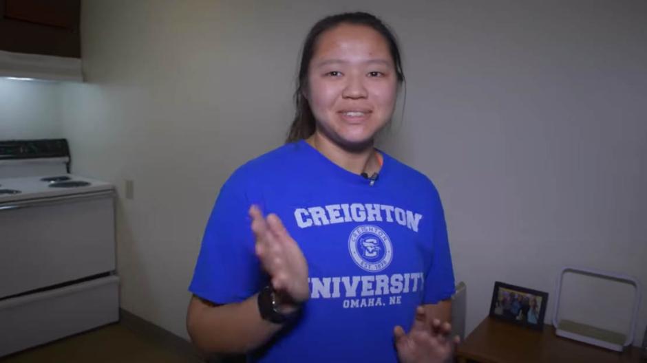 Student giving Heider Hall video tour